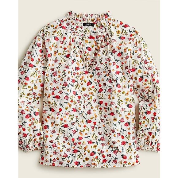 J. Crew Shirt Womens Small White Colorful Vintage Floral Ruffle Neck Cottagecore - Picture 1 of 12